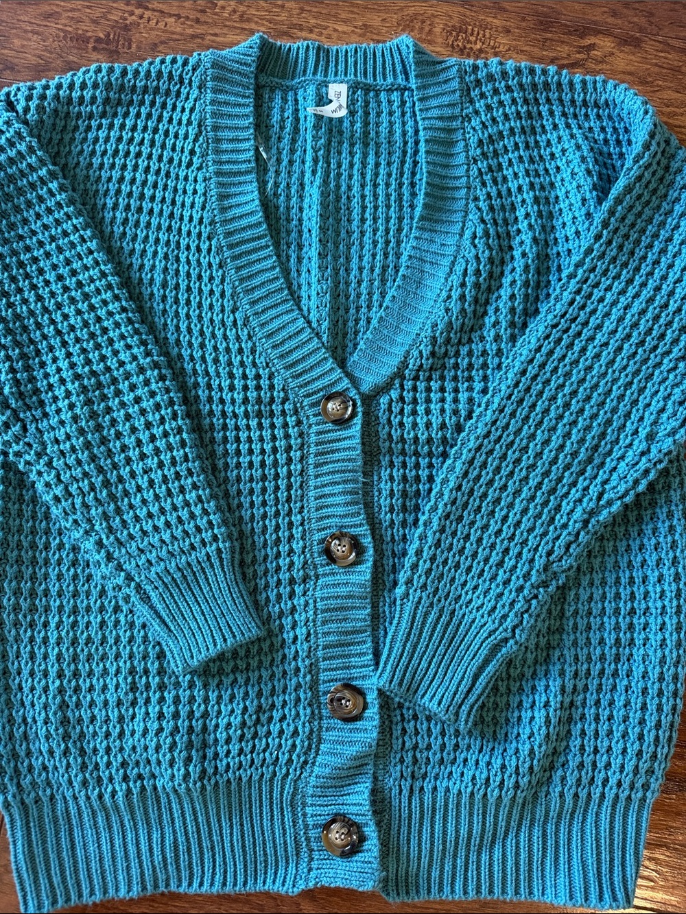 Zenana Outfitters Teal Open Weave Button-Front Cardigan